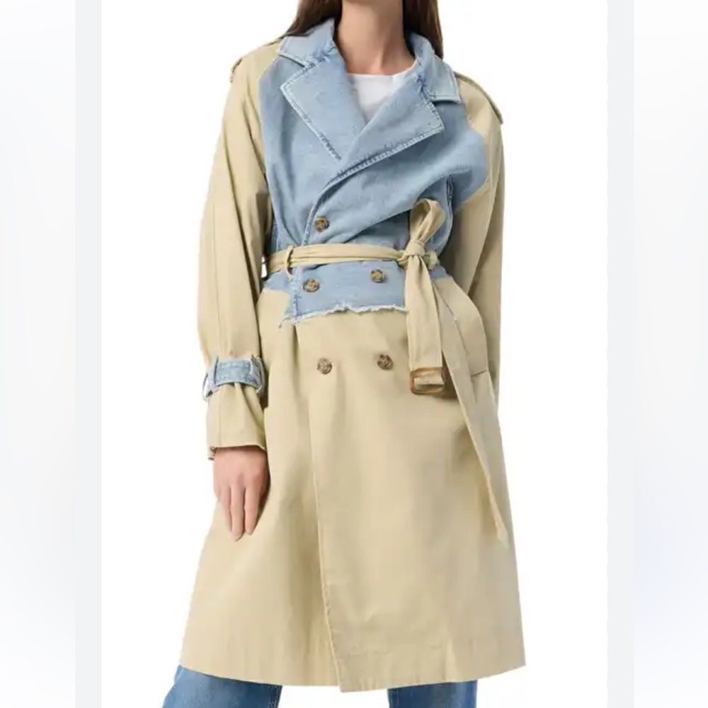 DO by Dee Ocleppo Two Tone Blue & Beige Trench Coat(Size Medium)